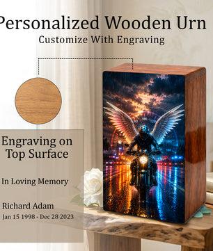 Motorcycle Angel Urn For Ashes Male - Bike Rider Wooden Cremation Urns For Dad