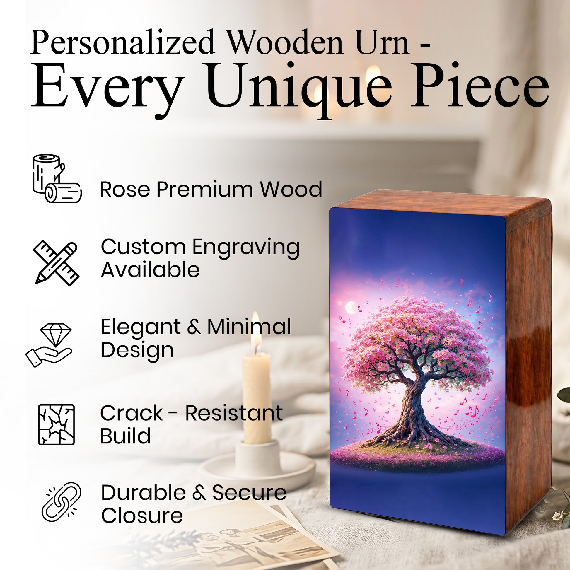 Music Note Tree Urn For Human Ashes - Personalized Pink Tree Keepsake Urns Box