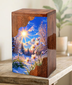 Winter Wildflower Wooden Cremation Urn – Sunlit Snow Memorial Urn with Floral Meadow