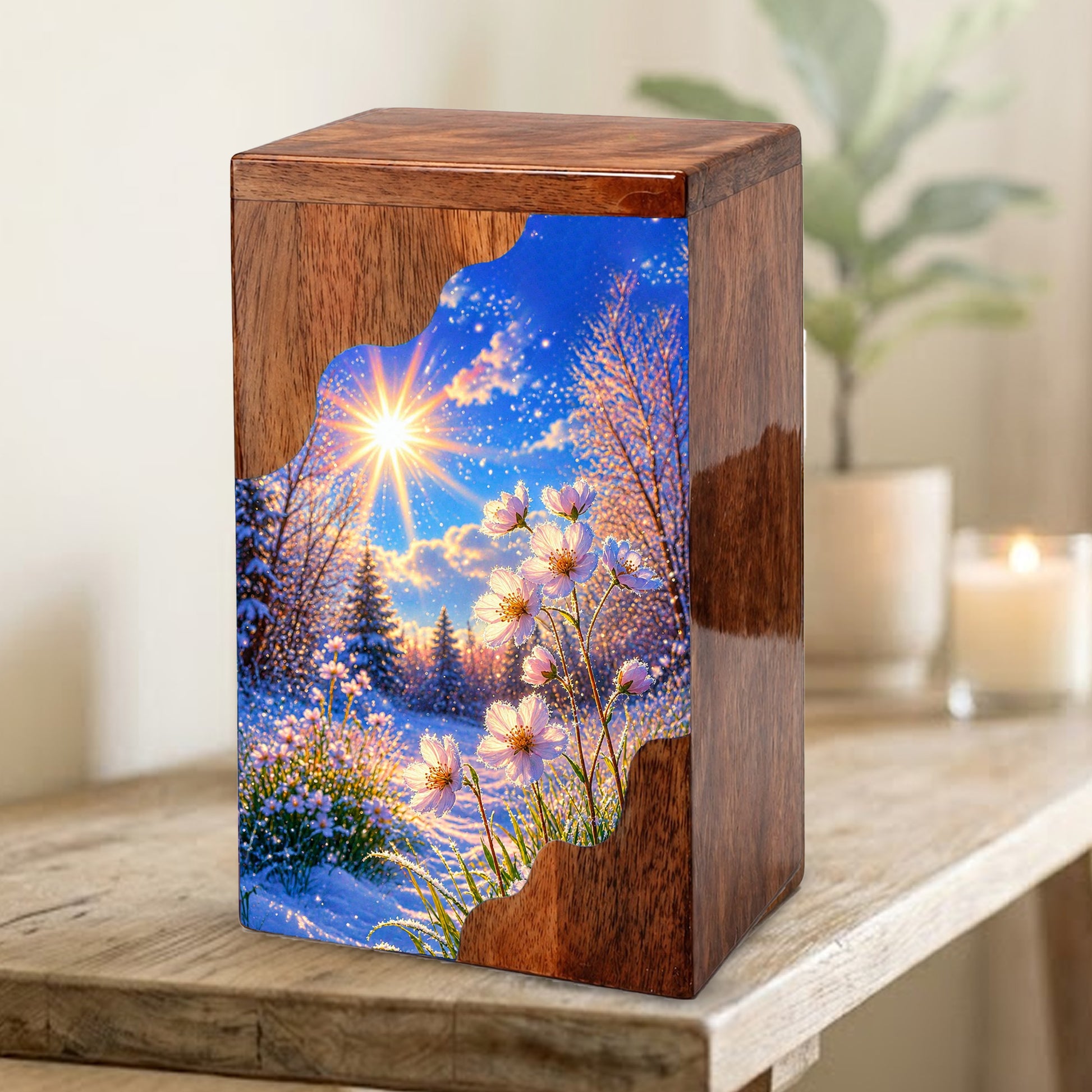Winter Wildflower Wooden Cremation Urn – Sunlit Snow Memorial Urn with Floral Meadow