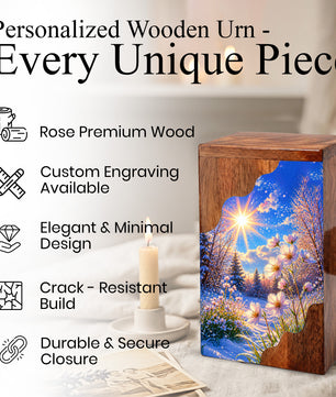 Winter Wildflower Wooden Cremation Urn – Sunlit Snow Memorial Urn with Floral Meadow
