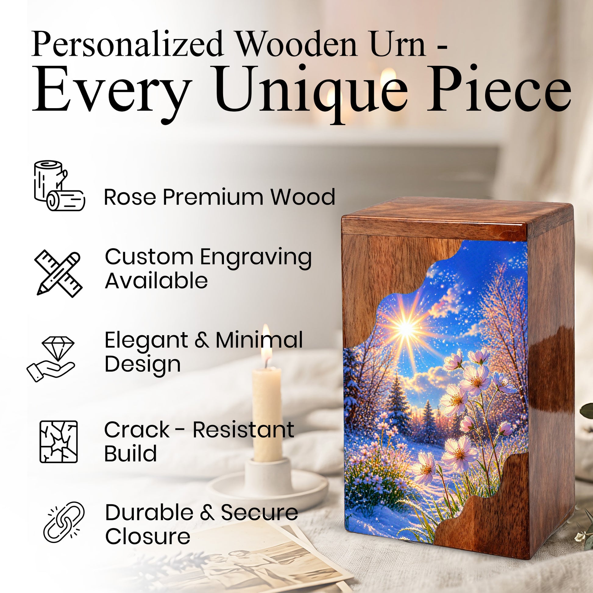 Winter Wildflower Wooden Cremation Urn – Sunlit Snow Memorial Urn with Floral Meadow