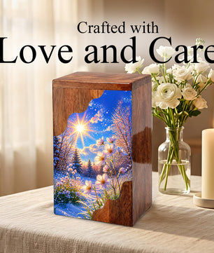Winter Wildflower Wooden Cremation Urn – Sunlit Snow Memorial Urn with Floral Meadow
