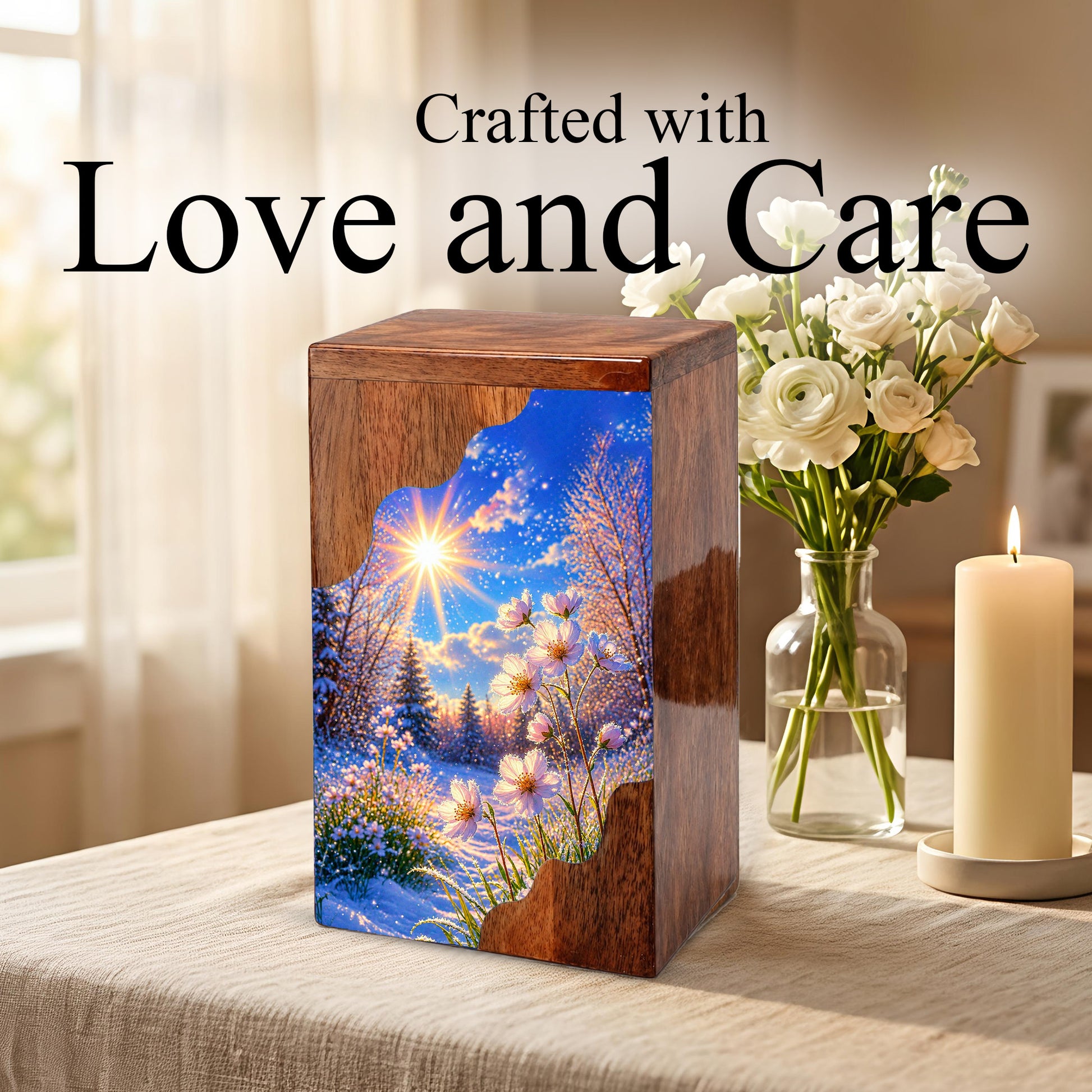 Winter Wildflower Wooden Cremation Urn – Sunlit Snow Memorial Urn with Floral Meadow
