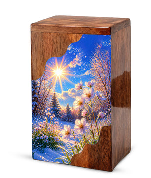 Winter Wildflower Wooden Cremation Urn – Sunlit Snow Memorial Urn with Floral Meadow