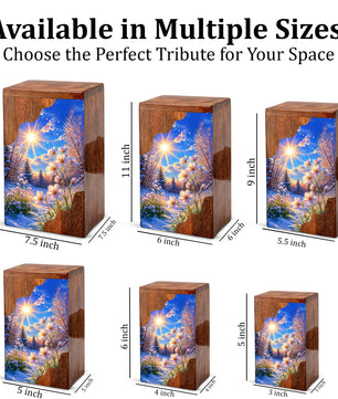 Winter Wildflower Wooden Cremation Urn – Sunlit Snow Memorial Urn with Floral Meadow