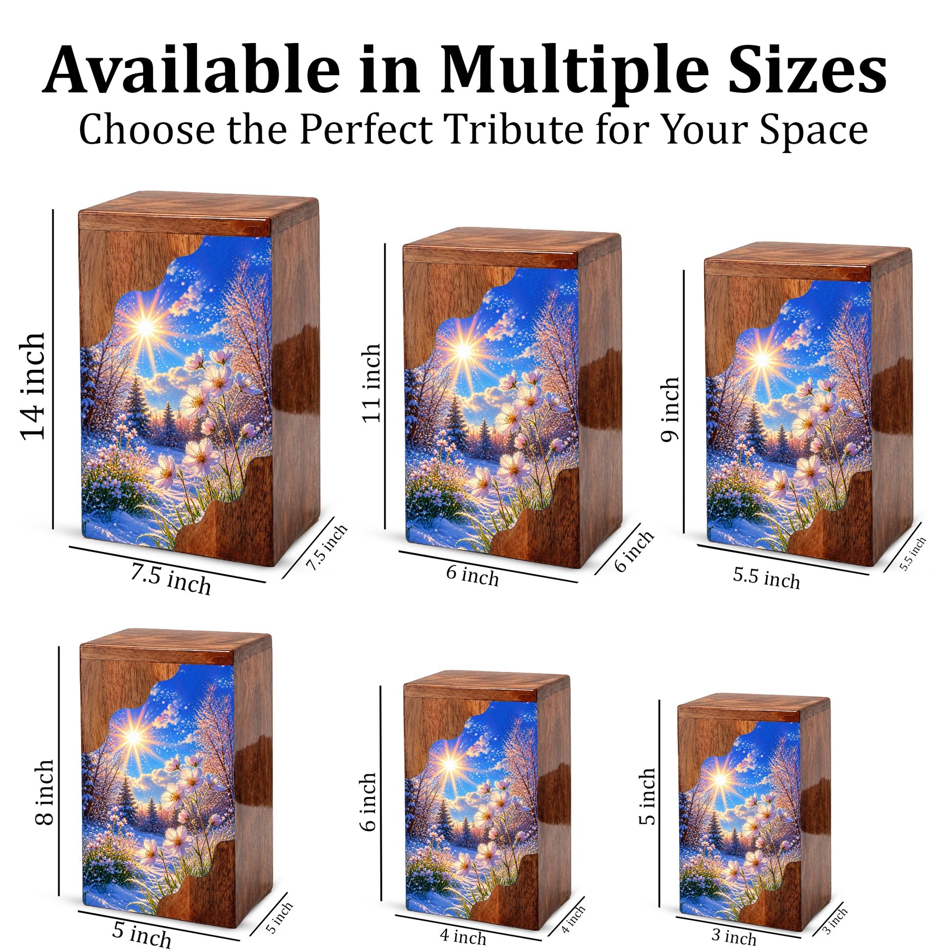 Winter Wildflower Wooden Cremation Urn – Sunlit Snow Memorial Urn with Floral Meadow