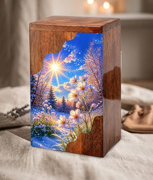 Winter Wildflower Wooden Cremation Urn – Sunlit Snow Memorial Urn with Floral Meadow