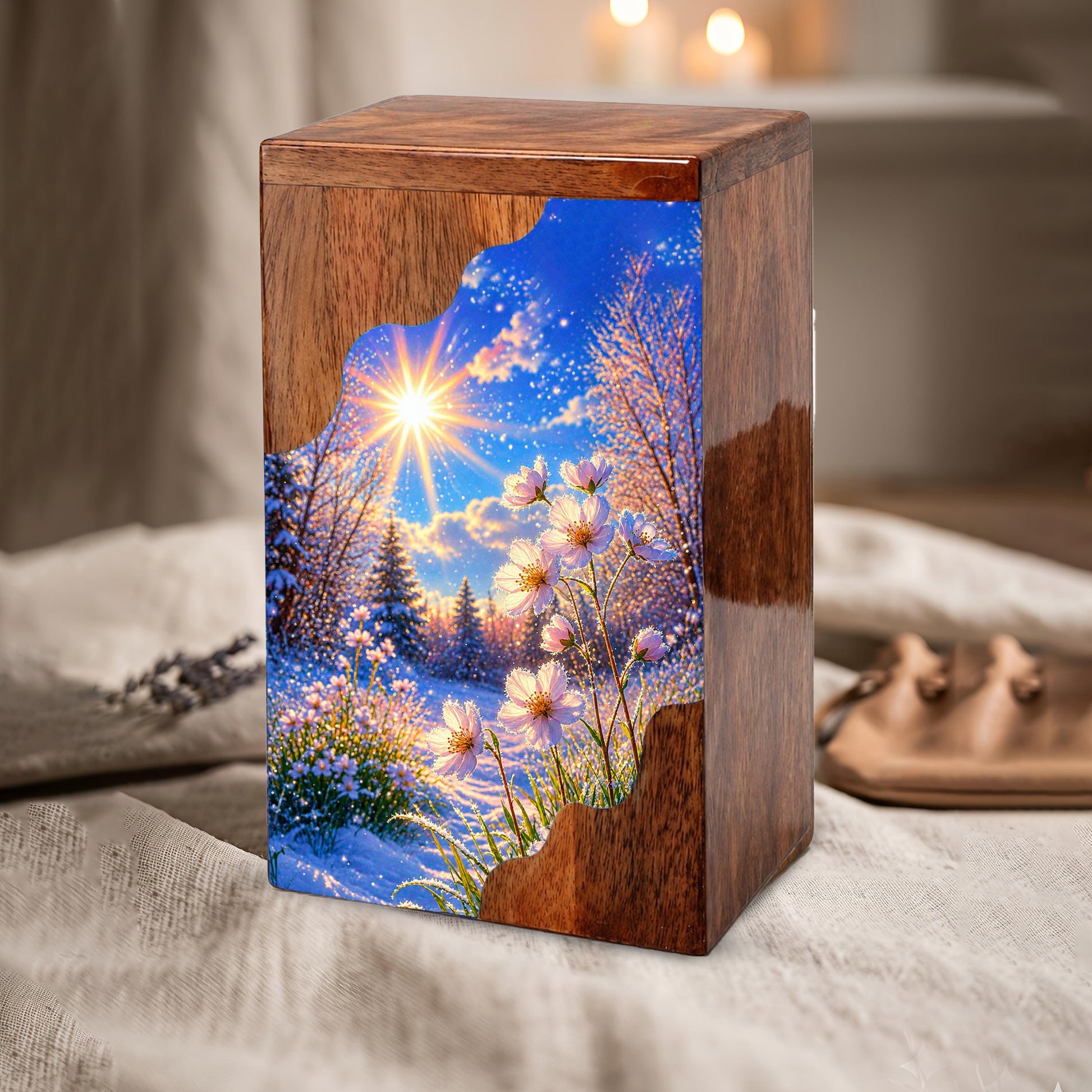 Winter Wildflower Wooden Cremation Urn – Sunlit Snow Memorial Urn with Floral Meadow