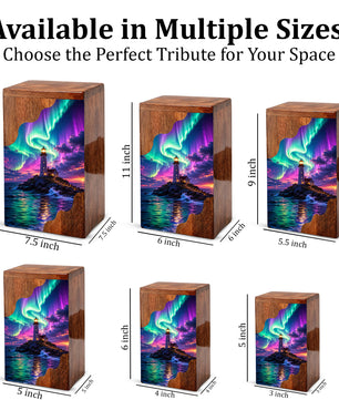 Aurora Lighthouse Wooden Cremation Urn – Northern Lights Memorial Urn for Human Ashes