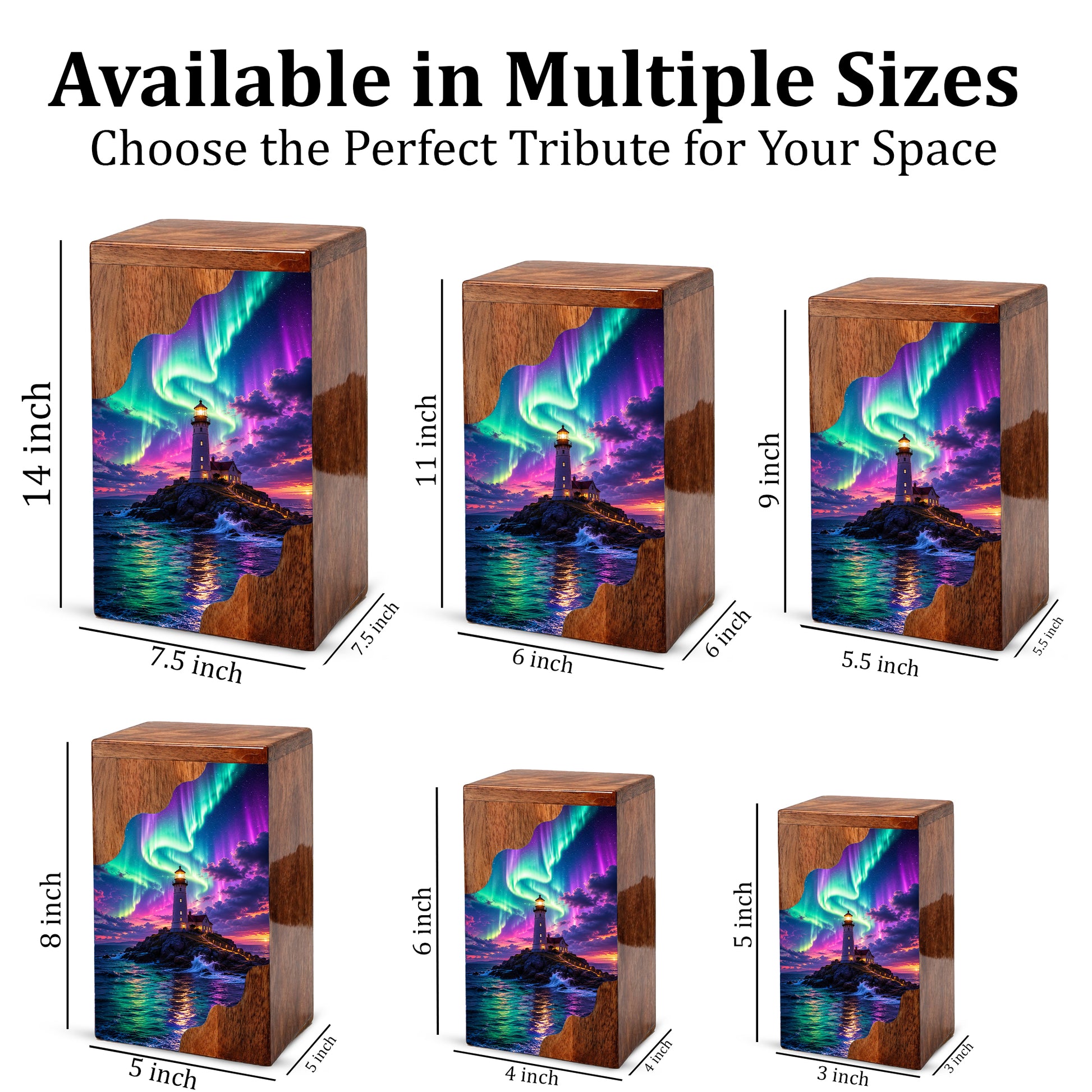 Aurora Lighthouse Wooden Cremation Urn – Northern Lights Memorial Urn for Human Ashes