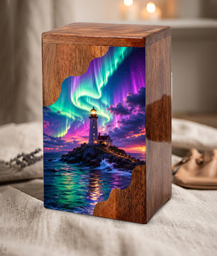 Aurora Lighthouse Wooden Cremation Urn – Northern Lights Memorial Urn for Human Ashes