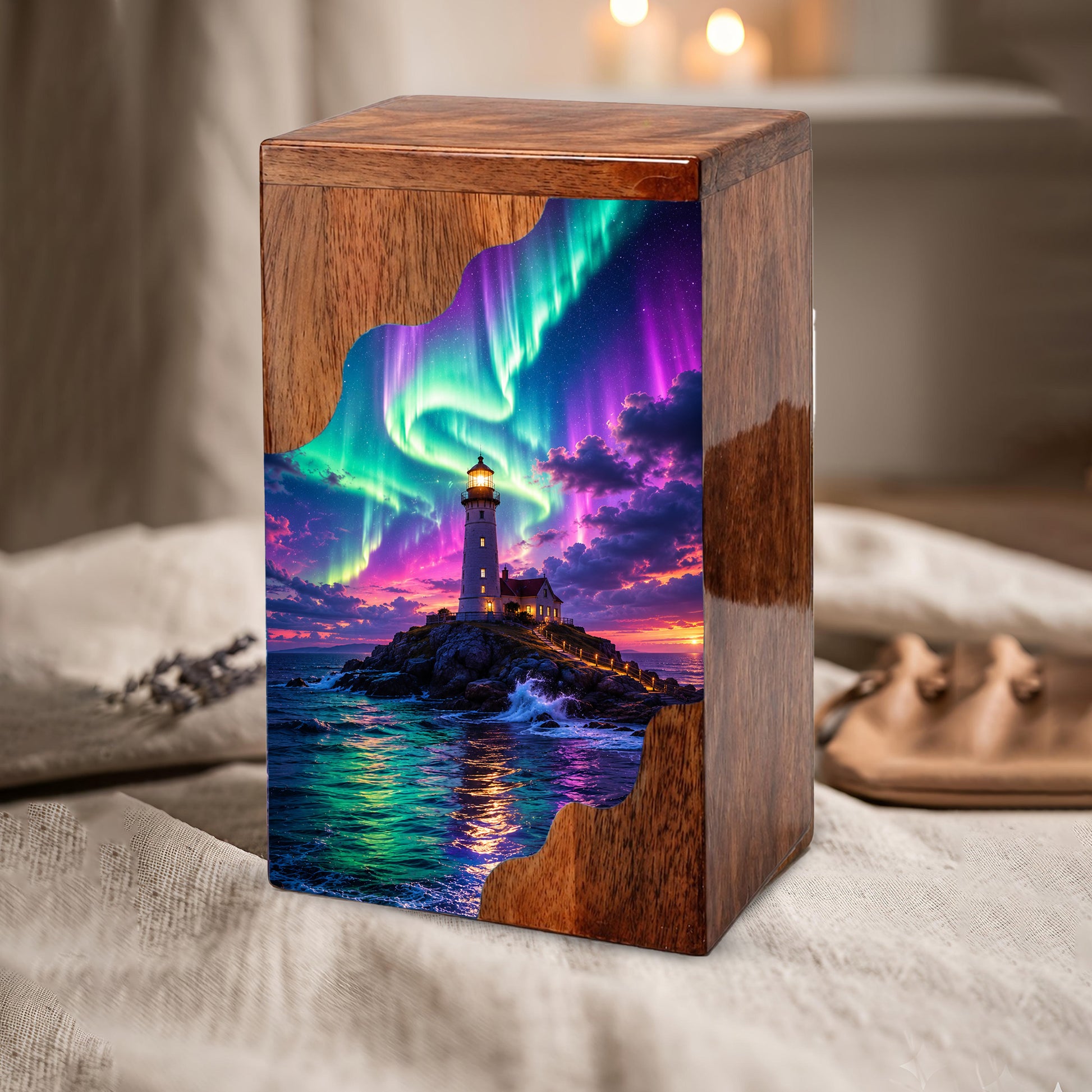Aurora Lighthouse Wooden Cremation Urn – Northern Lights Memorial Urn for Human Ashes