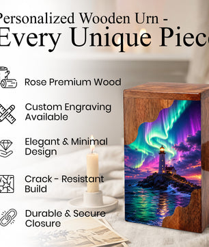 Aurora Lighthouse Wooden Cremation Urn – Northern Lights Memorial Urn for Human Ashes