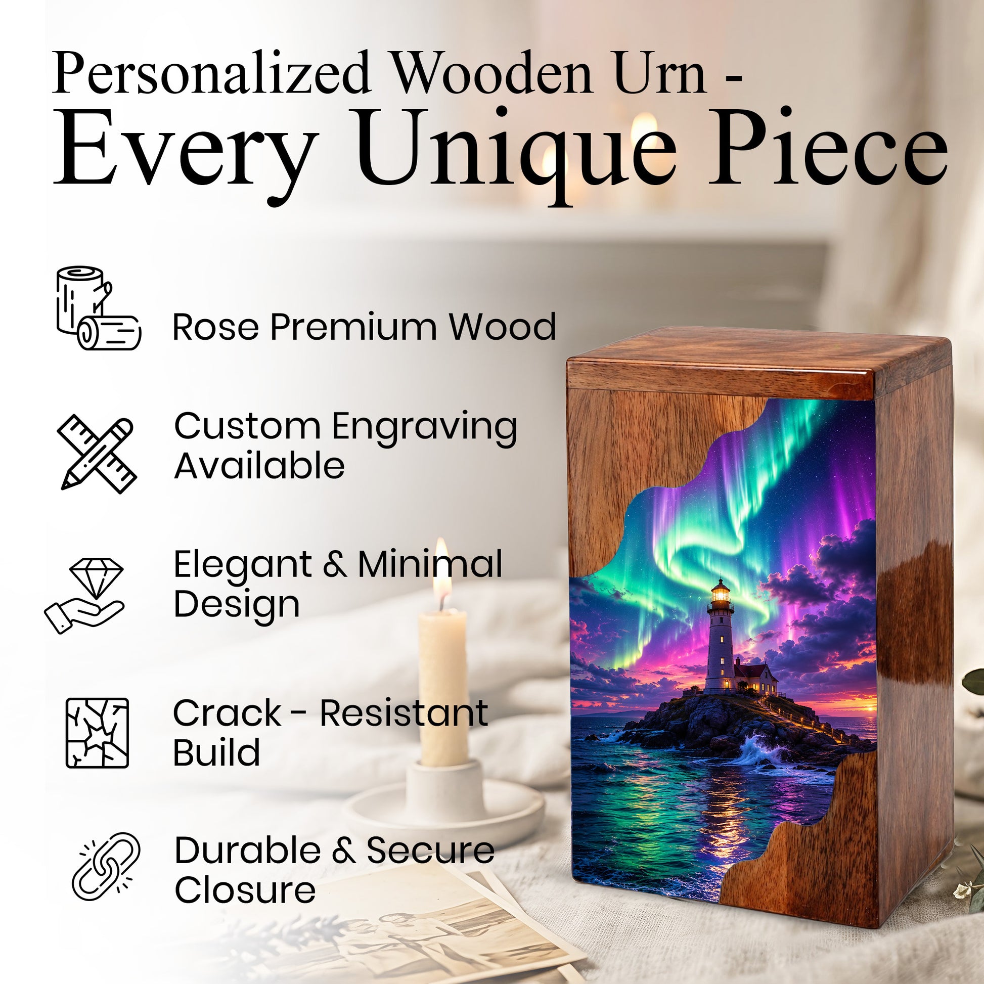 Aurora Lighthouse Wooden Cremation Urn – Northern Lights Memorial Urn for Human Ashes