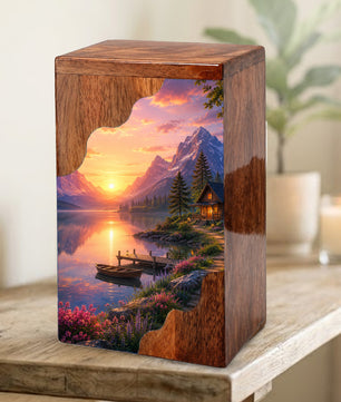 Mountain Lake Wooden Cremation Urn – Sunset Cabin Memorial Urn with Peaceful Lake Artwork