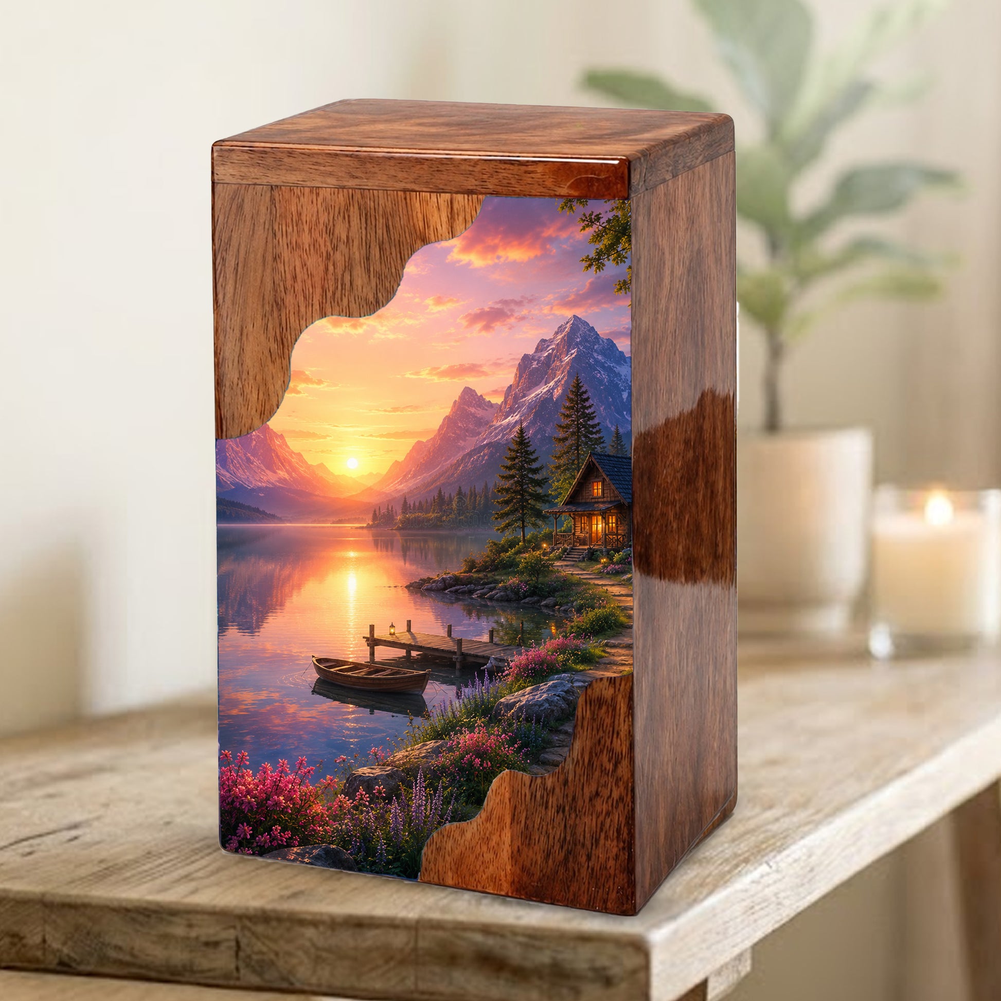 Mountain Lake Wooden Cremation Urn – Sunset Cabin Memorial Urn with Peaceful Lake Artwork