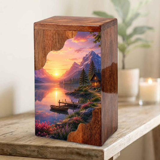 Mountain Lake Wooden Cremation Urn – Sunset Cabin Memorial Urn with Peaceful Lake Artwork