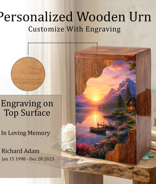 Mountain Lake Wooden Cremation Urn – Sunset Cabin Memorial Urn with Peaceful Lake Artwork