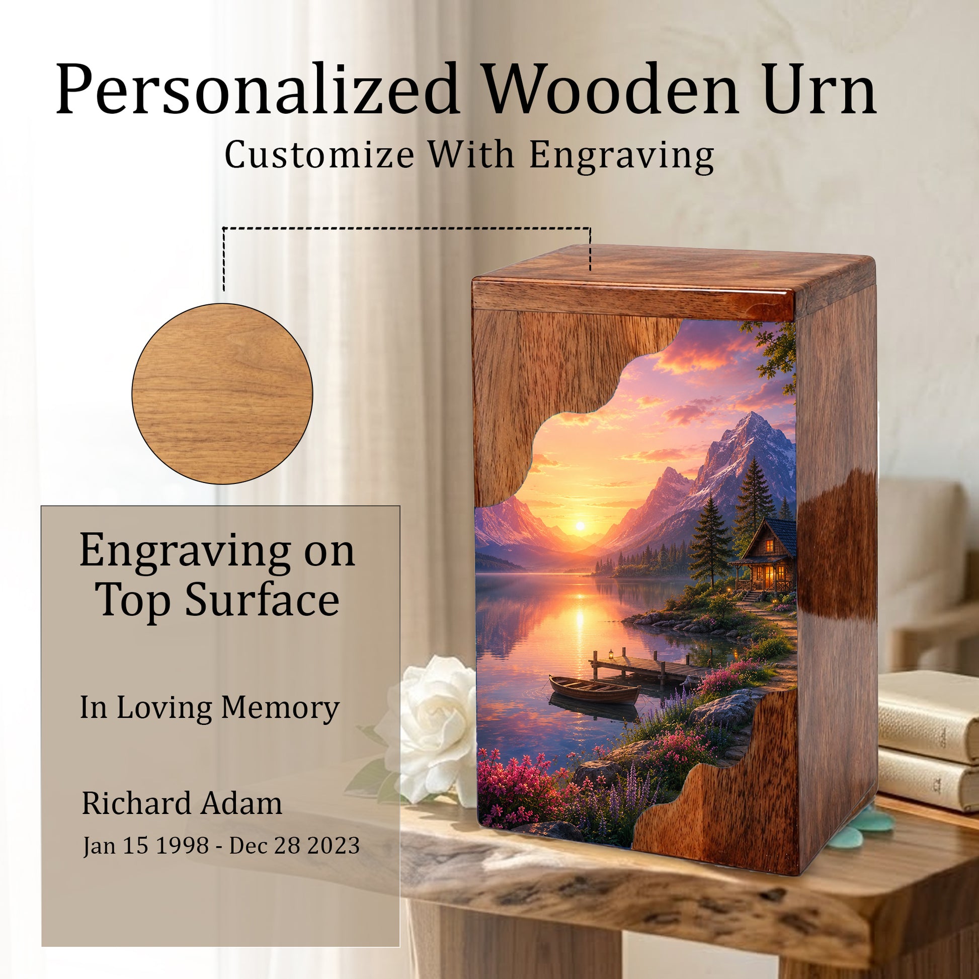 Mountain Lake Wooden Cremation Urn – Sunset Cabin Memorial Urn with Peaceful Lake Artwork