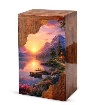 Mountain Lake Wooden Cremation Urn – Sunset Cabin Memorial Urn with Peaceful Lake Artwork