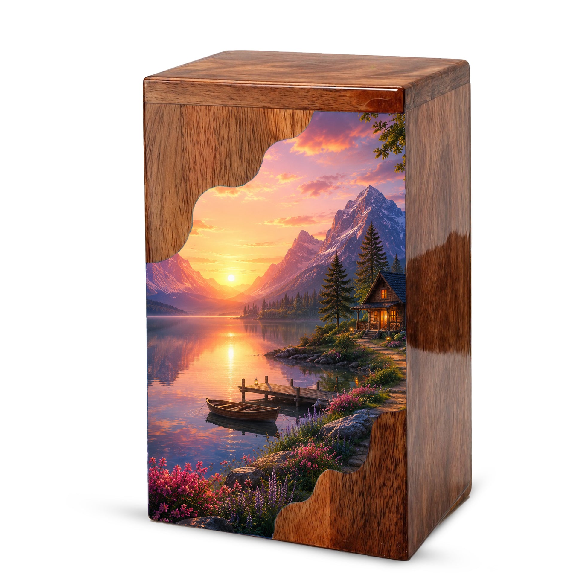 Mountain Lake Wooden Cremation Urn – Sunset Cabin Memorial Urn with Peaceful Lake Artwork