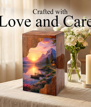 Mountain Lake Wooden Cremation Urn – Sunset Cabin Memorial Urn with Peaceful Lake Artwork