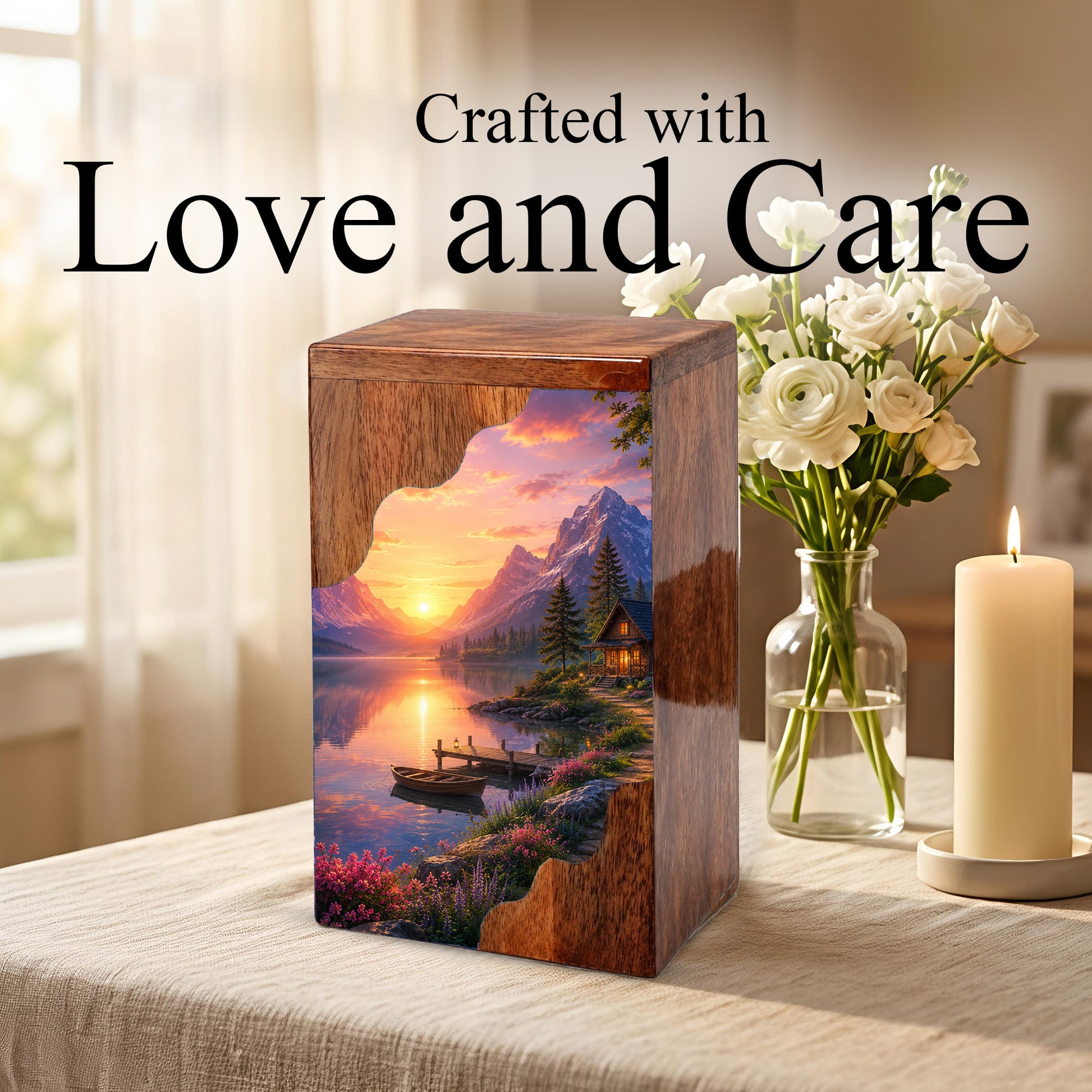 Mountain Lake Wooden Cremation Urn – Sunset Cabin Memorial Urn with Peaceful Lake Artwork
