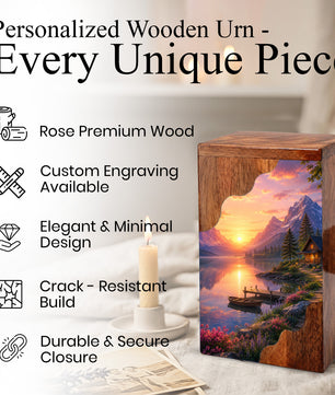 Mountain Lake Wooden Cremation Urn – Sunset Cabin Memorial Urn with Peaceful Lake Artwork