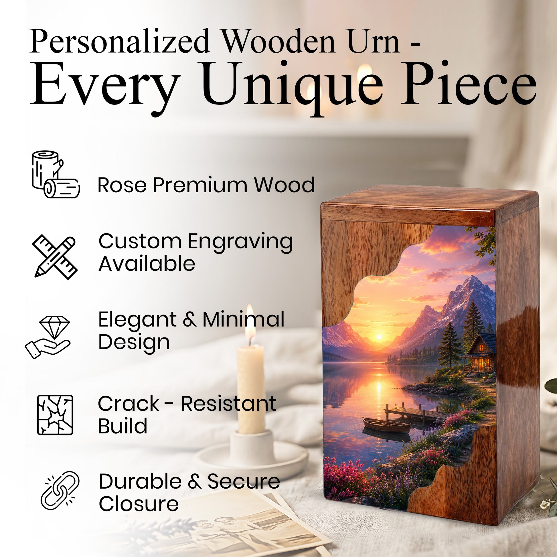 Mountain Lake Wooden Cremation Urn – Sunset Cabin Memorial Urn with Peaceful Lake Artwork