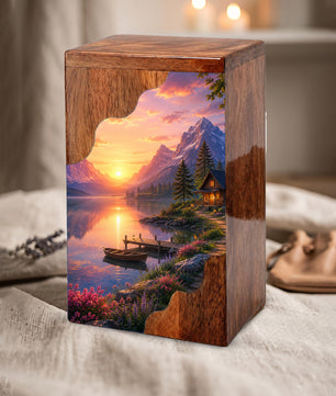 Mountain Lake Wooden Cremation Urn – Sunset Cabin Memorial Urn with Peaceful Lake Artwork