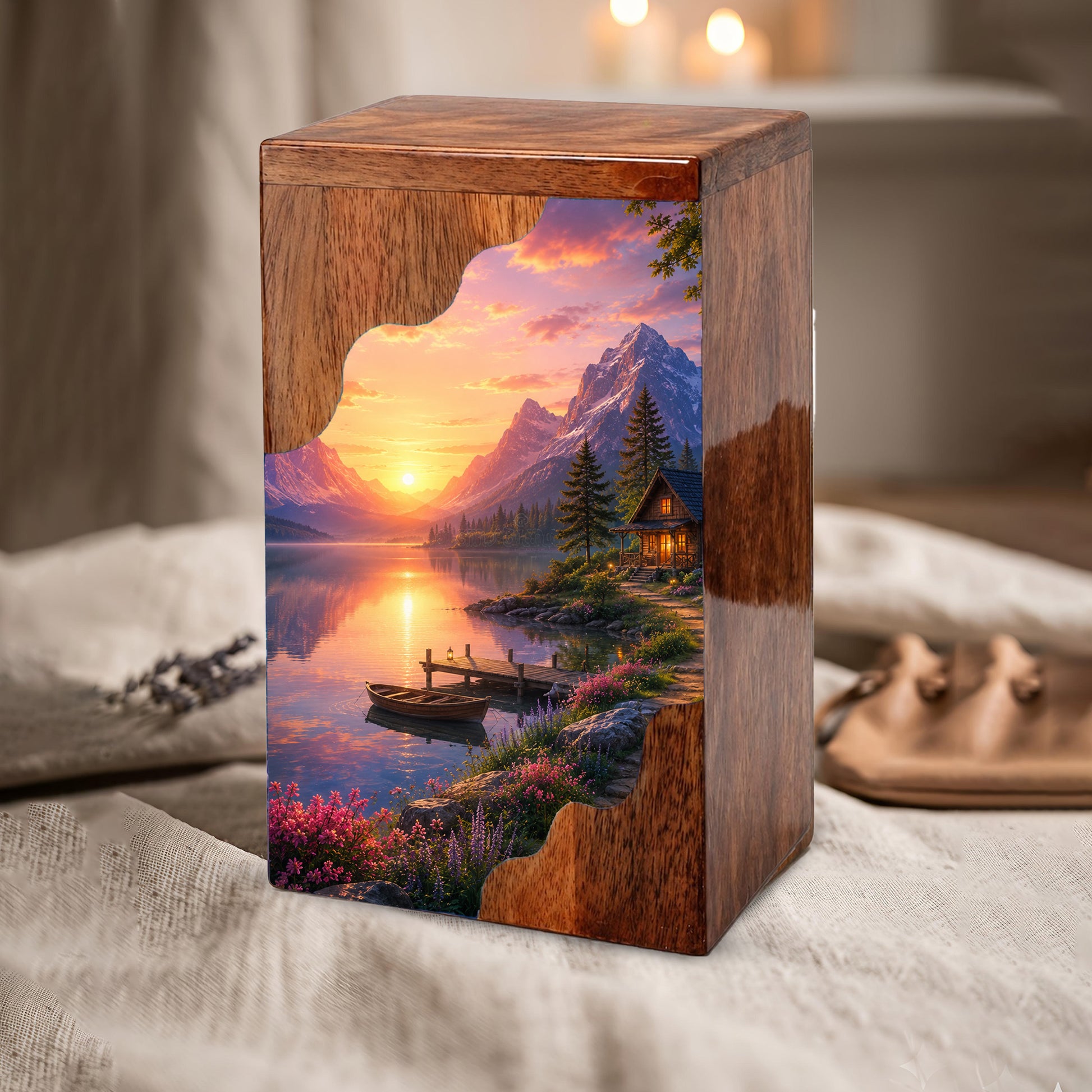 Mountain Lake Wooden Cremation Urn – Sunset Cabin Memorial Urn with Peaceful Lake Artwork