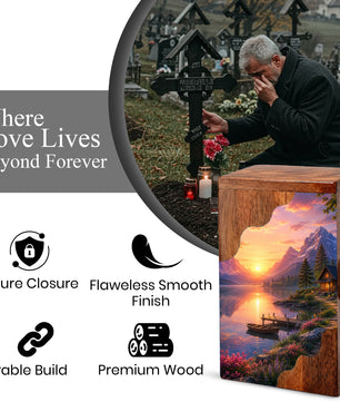Mountain Lake Wooden Cremation Urn – Sunset Cabin Memorial Urn with Peaceful Lake Artwork