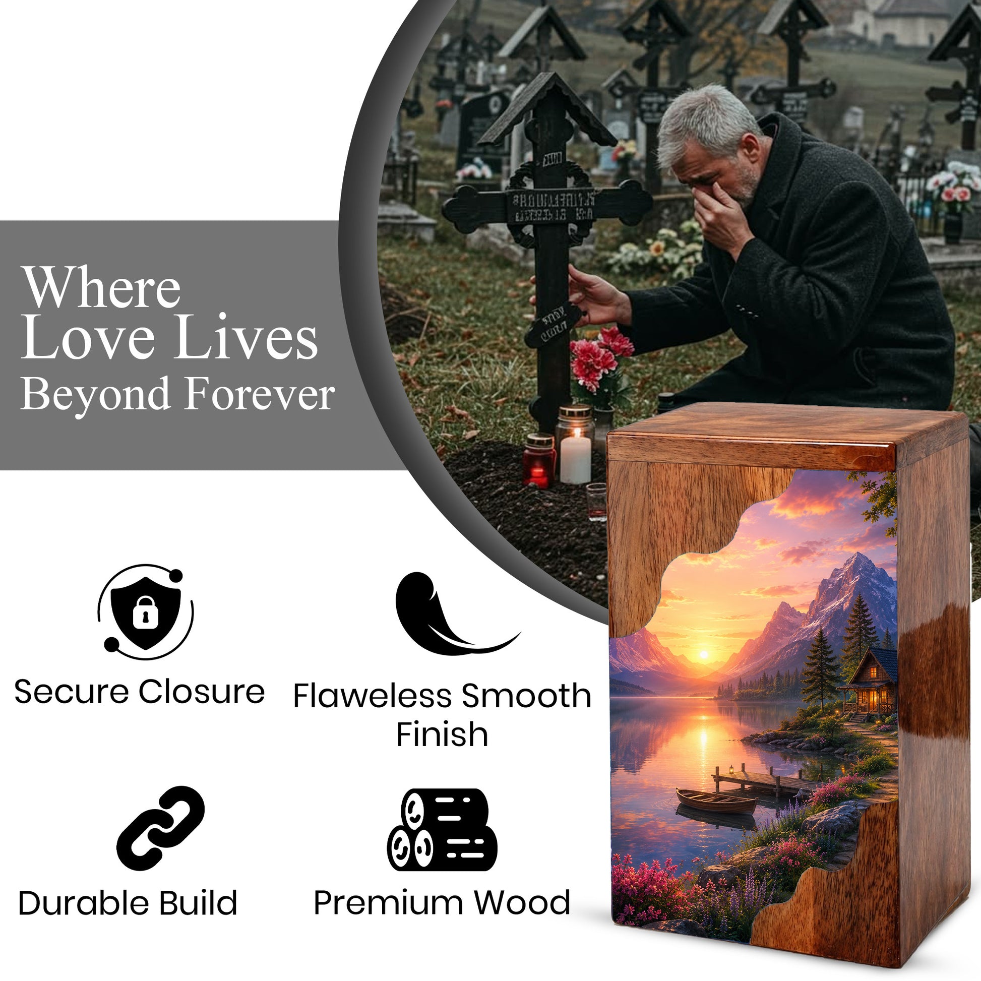 Mountain Lake Wooden Cremation Urn – Sunset Cabin Memorial Urn with Peaceful Lake Artwork