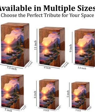 Mountain Lake Wooden Cremation Urn – Sunset Cabin Memorial Urn with Peaceful Lake Artwork