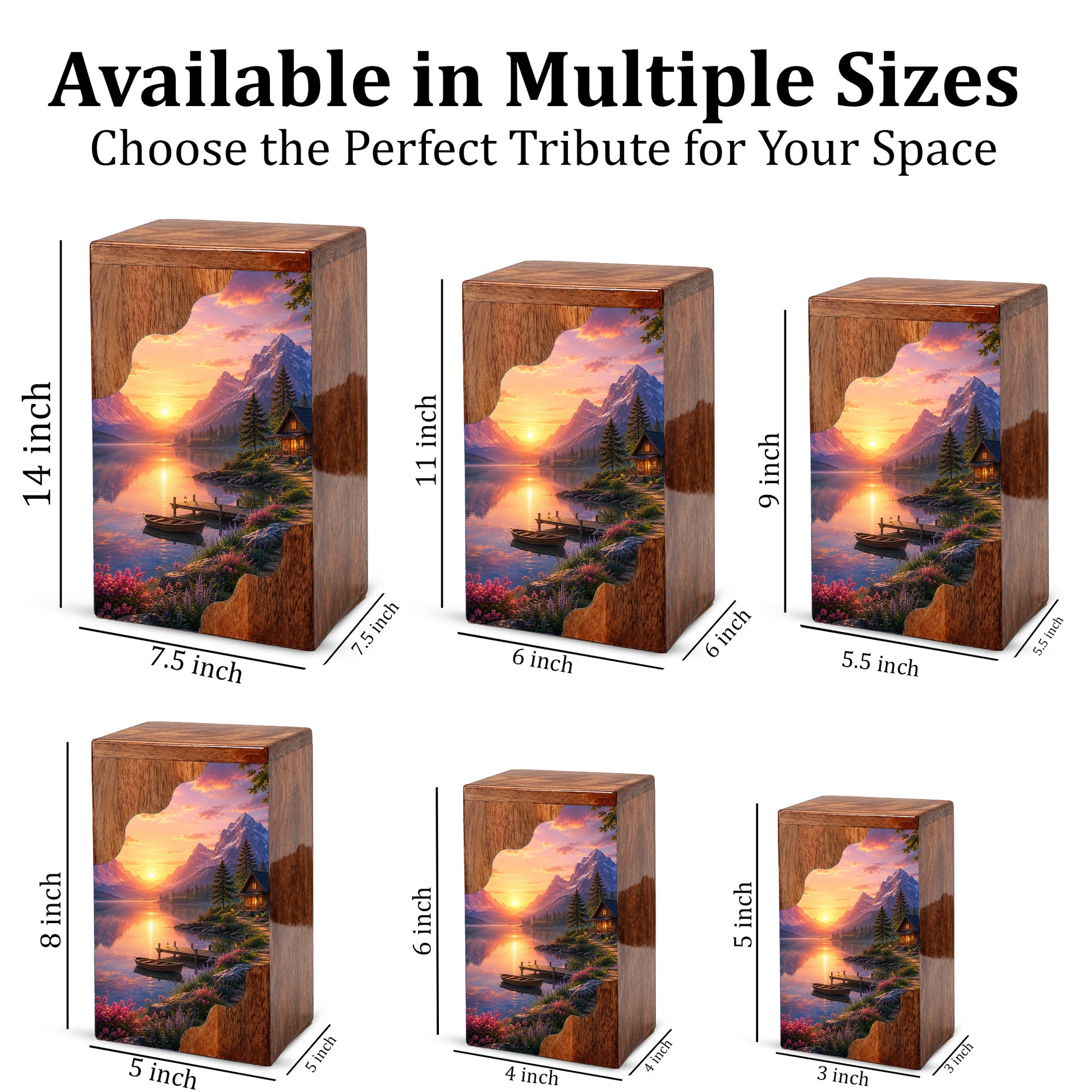 Mountain Lake Wooden Cremation Urn – Sunset Cabin Memorial Urn with Peaceful Lake Artwork