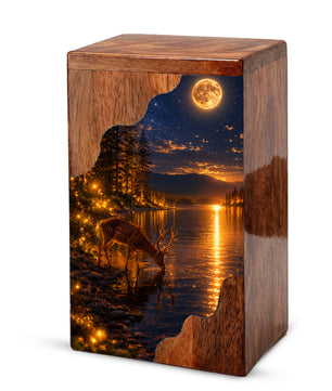 Moonlit Deer Wooden Cremation Urn – Personalized Memorial Urn for Human Ashes