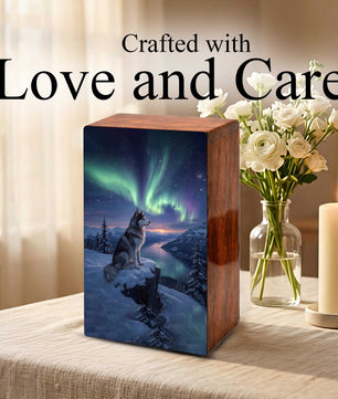 Husky Dog Aurora Borealis Pet Urn for Ashes - Northern Lights Wooden Urn