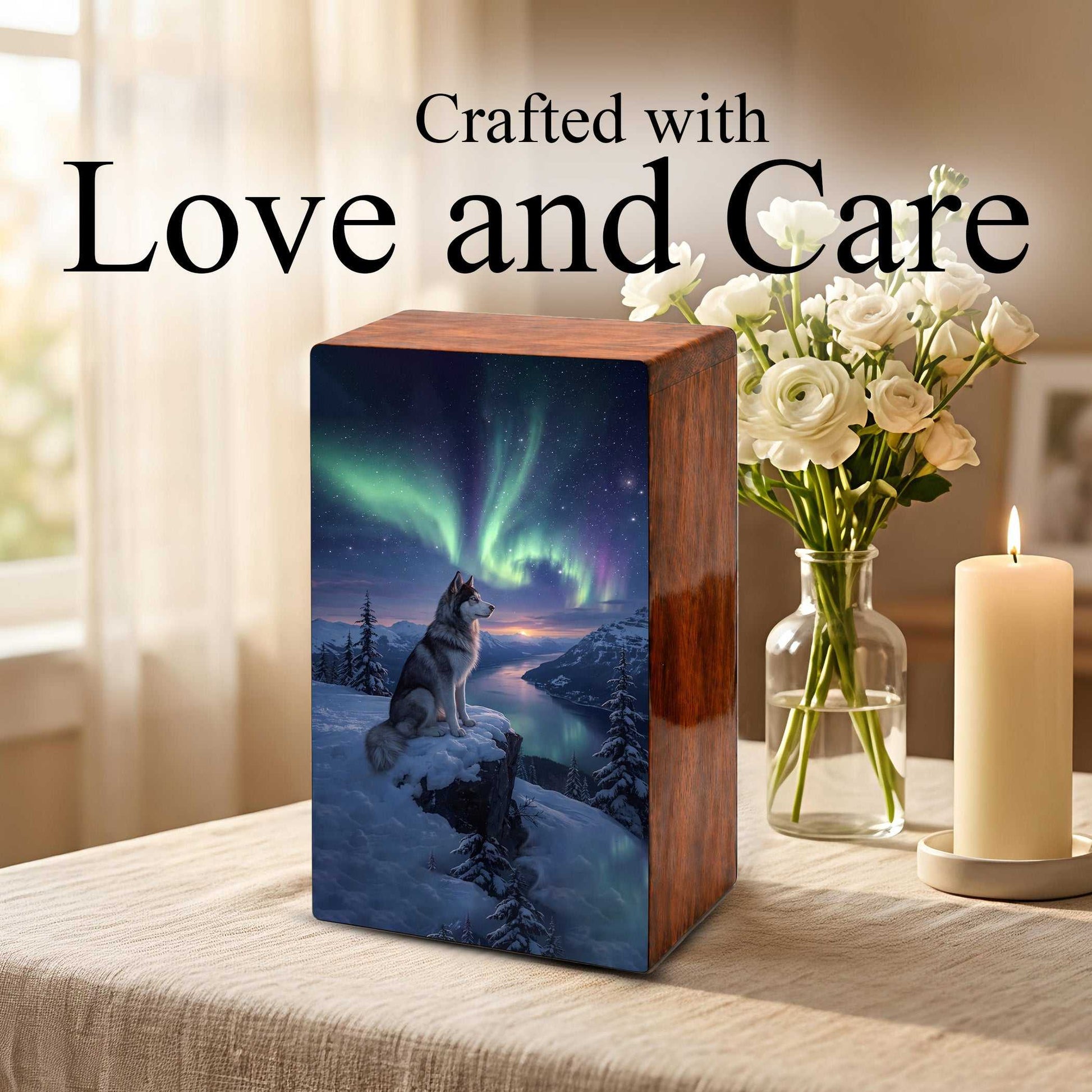 Husky Dog Aurora Borealis Pet Urn for Ashes - Northern Lights Wooden Urn