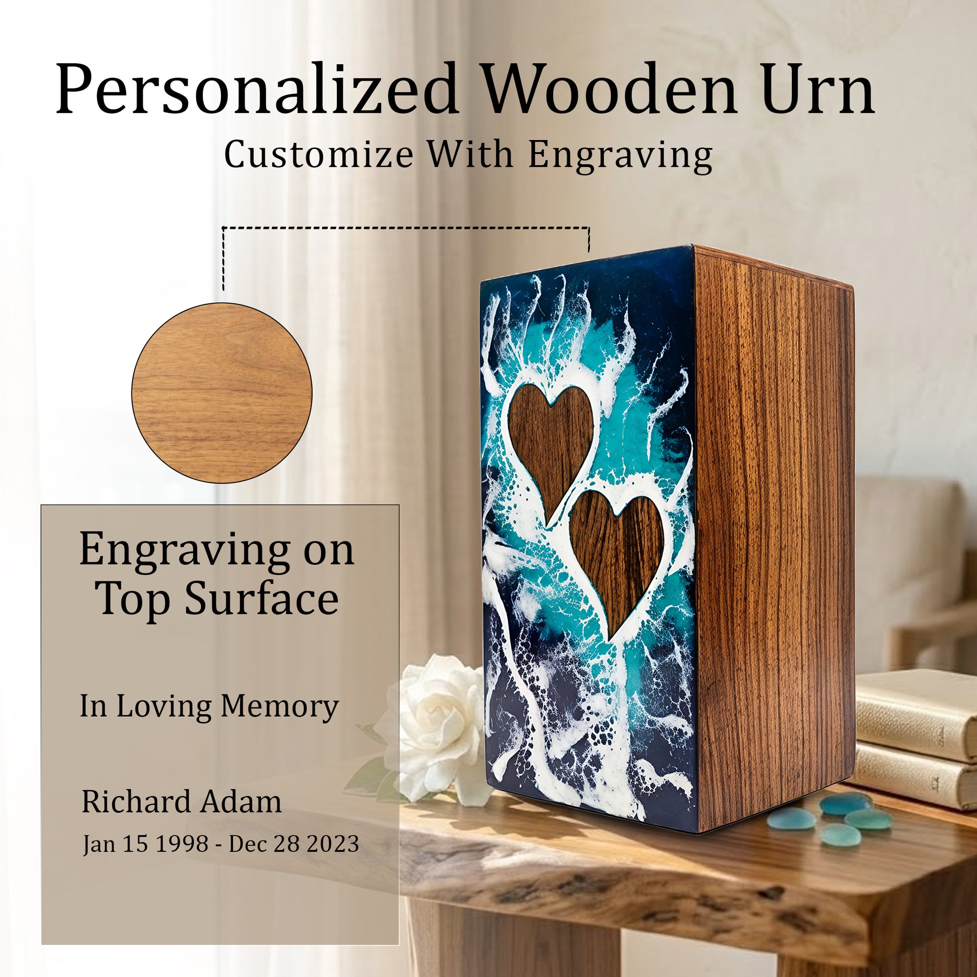 Ocean Couple Urn For Ashes - Personalized Wooden Companion Extra Large Urns Box