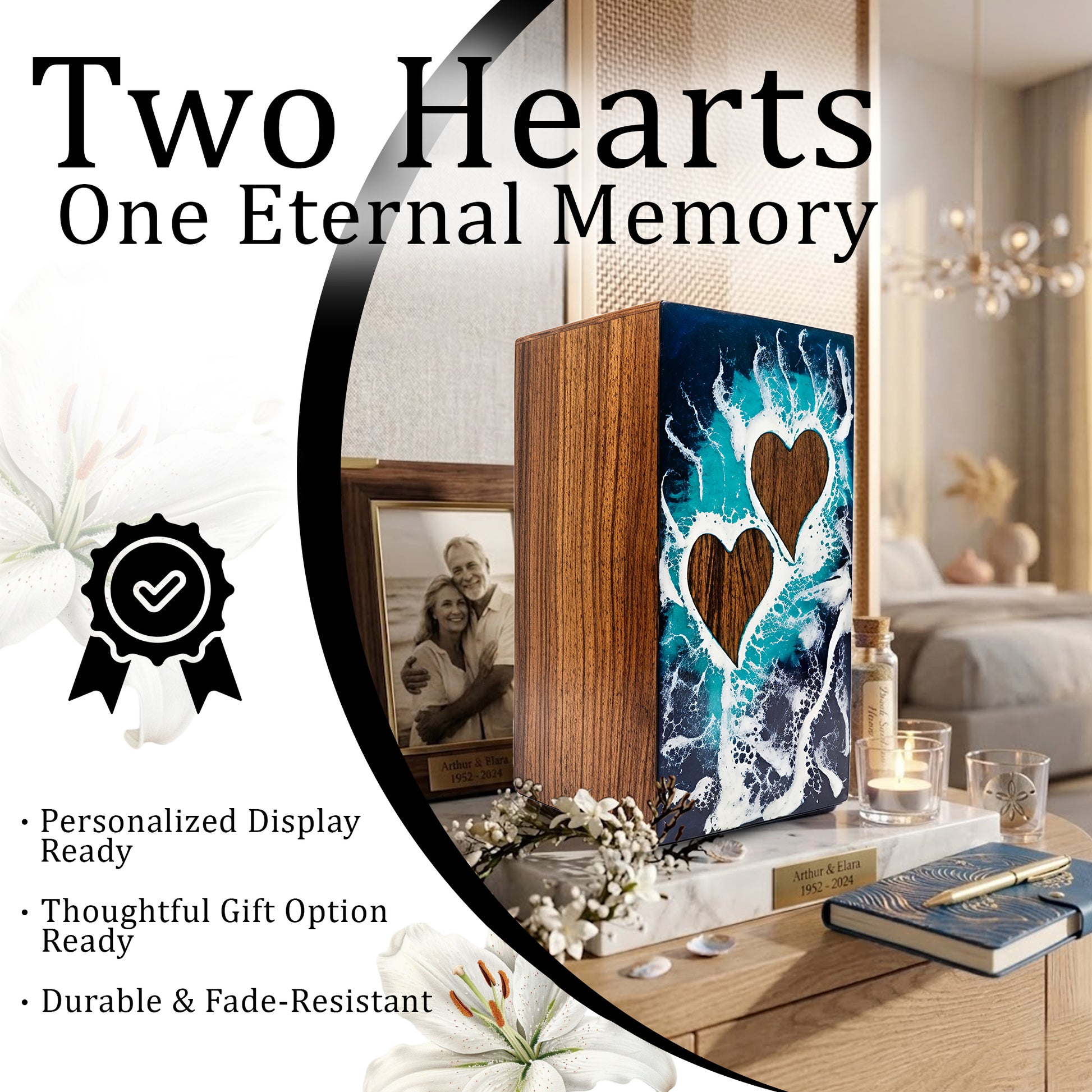Ocean Couple Urn For Ashes - Personalized Wooden Companion Extra Large Urns Box