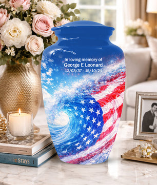 American Flag Memorial Urn for Dad -  Patriotic Cremation Urns for Men