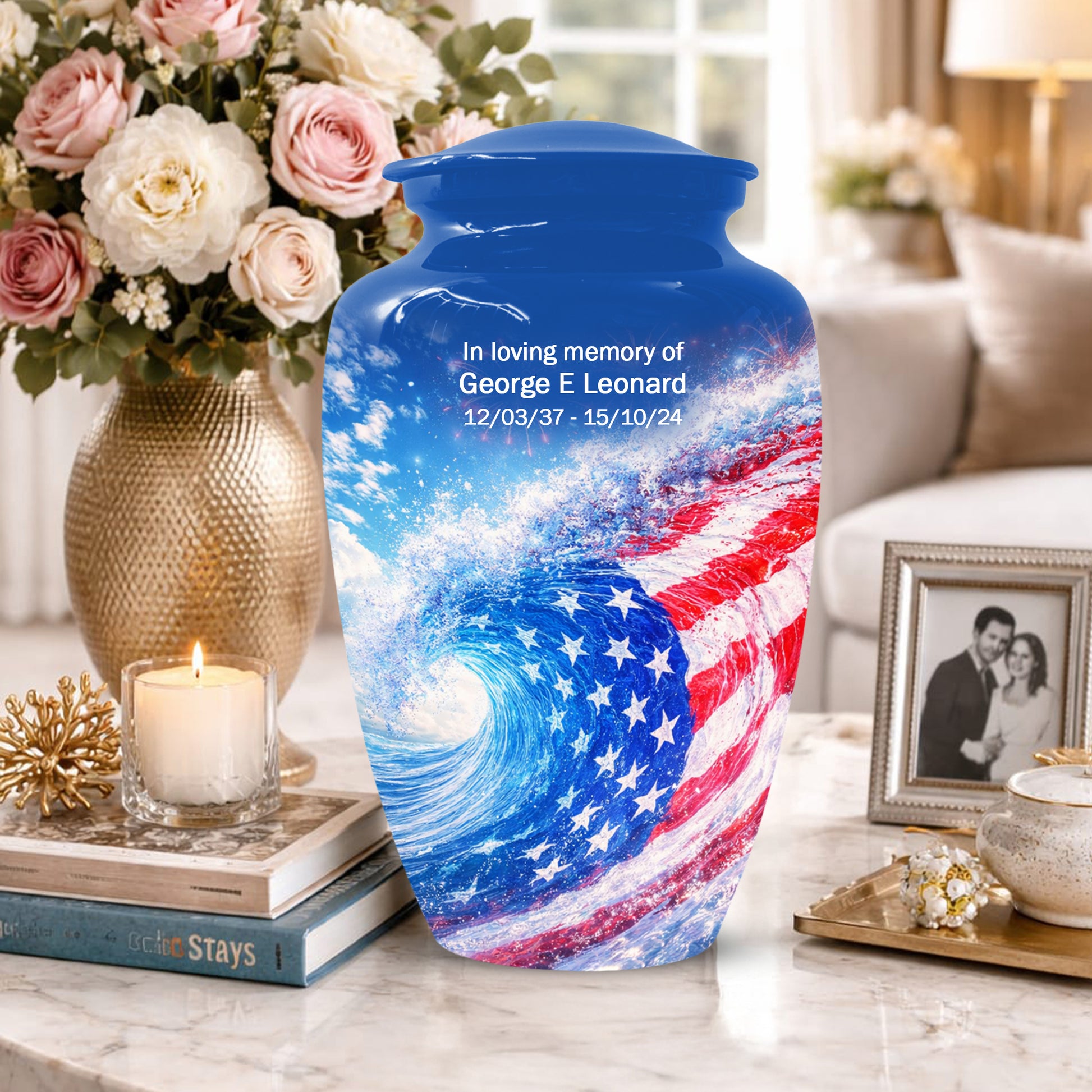 American Flag Memorial Urn for Dad -  Patriotic Cremation Urns for Men