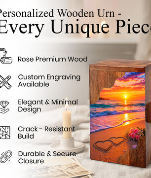 Beach Wooden Cremation Urn – Sunset Ocean Memorial Urn with Heart in Sand