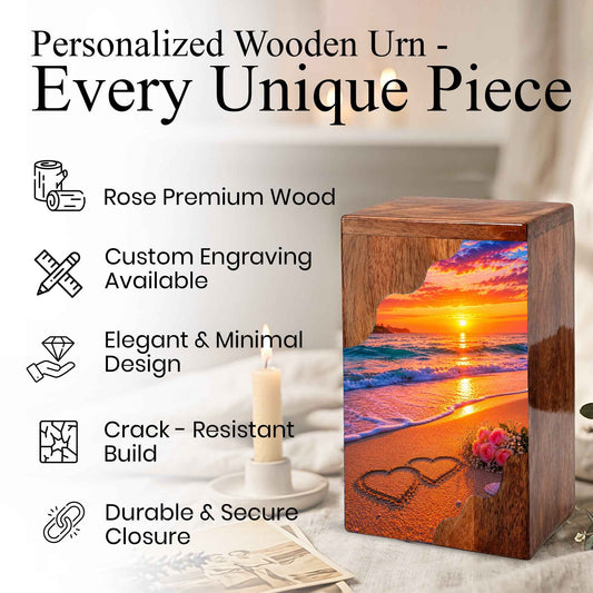 Beach Wooden Cremation Urn – Sunset Ocean Memorial Urn with Heart in Sand