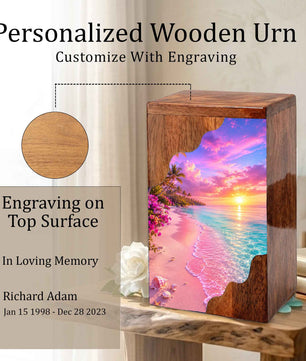 Tropical Sunset Beach Wooden Cremation Urn – Personalized Memorial Urn for Human Ashes