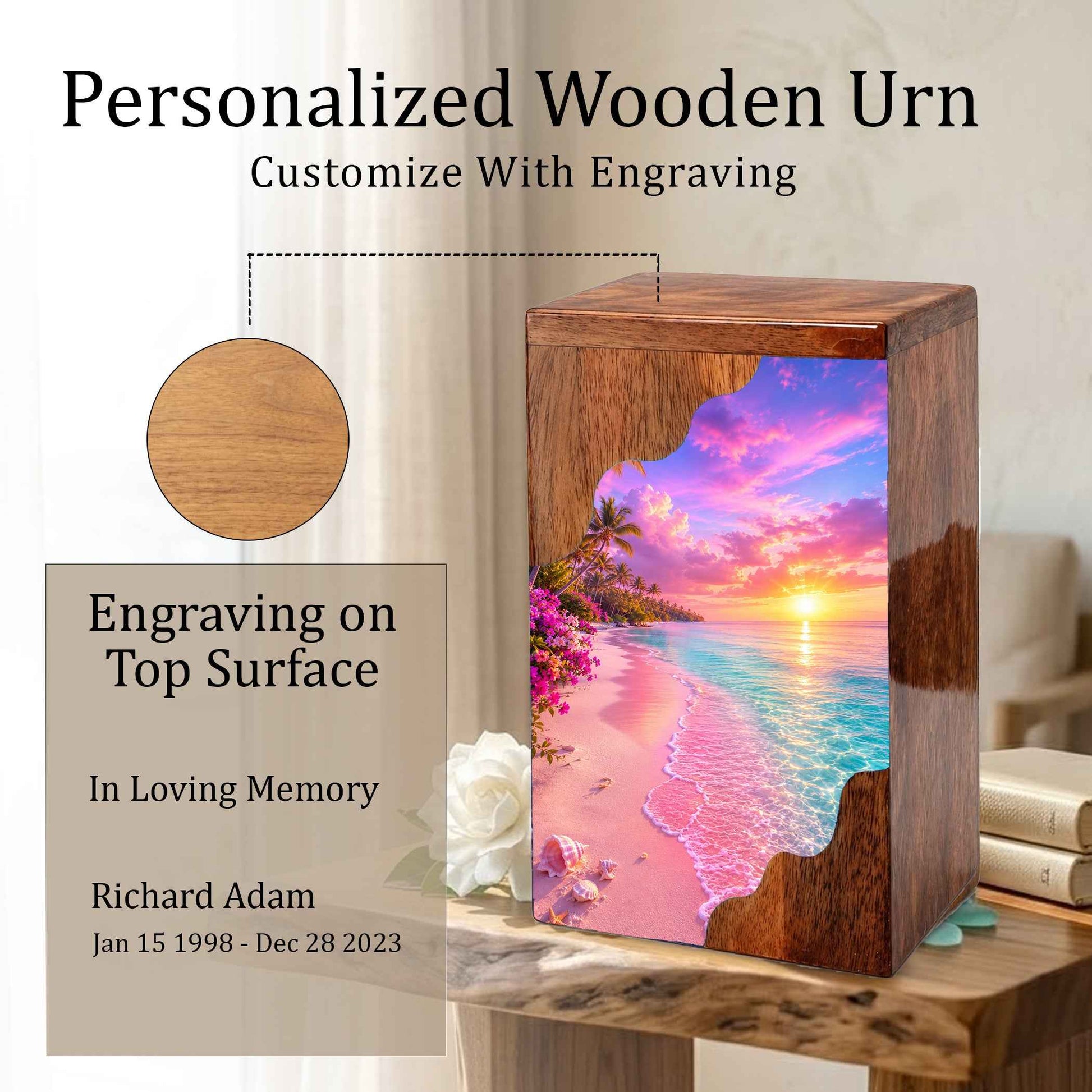 Tropical Sunset Beach Wooden Cremation Urn – Personalized Memorial Urn for Human Ashes