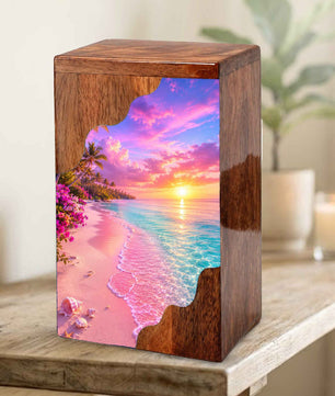 Tropical Sunset Beach Wooden Cremation Urn – Personalized Memorial Urn for Human Ashes