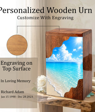 Serene Beach Wooden Cremation Urn – Personalized Memorial Urn for Human Ashes