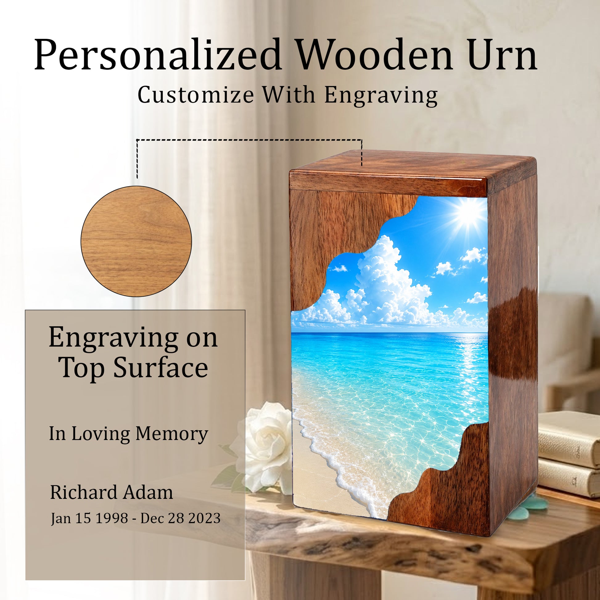 Serene Beach Wooden Cremation Urn – Personalized Memorial Urn for Human Ashes